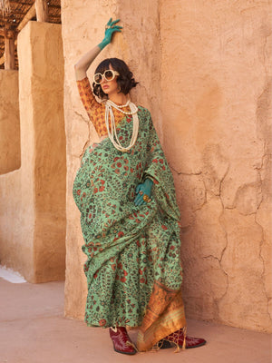 Rajwada Green Tissue Printed Saree With Unstitched Blouse For Women