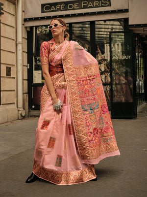 Rajwada Pink Modal Woven Saree With Unstitched Blouse For Women