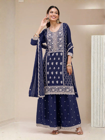 Rajwada Navy Blue Georgette Embroidered Semi Stitched Kurta Set For Women