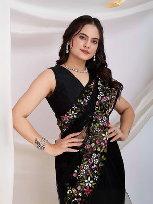 Rajwada Black Net Embroidered Elegant Saree For Women