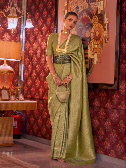 Rajwada Green Silk Blend Woven Saree With Unstitched Blouse For Women