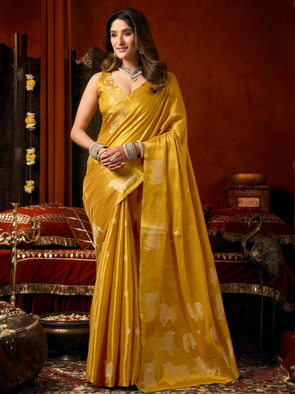 Rajwada Mustard Yellow Silk Blend Solid Saree For Women