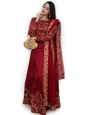 Rajwada Women Maroon Embroidered Art Silk Semi Stitched Lehenga With Unstitched Blouse