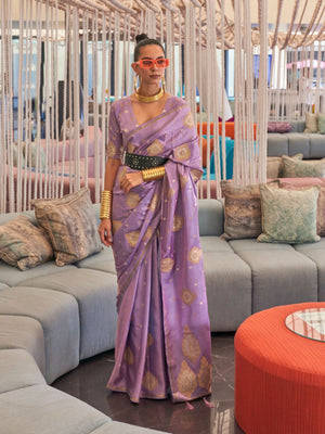 Rajwada Purple Silk Blend Woven Saree With Unstitched Blouse for Women