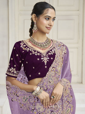 Rajwada Lavender Satin Embroidered Saree For Women
