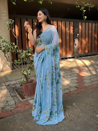 Rajwada Blue Georgette Printed Saree With Unstitched Blouse For Women