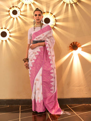 Rajwada White And Pink Silk Blend Woven Saree With Unstitched Blouse For Women