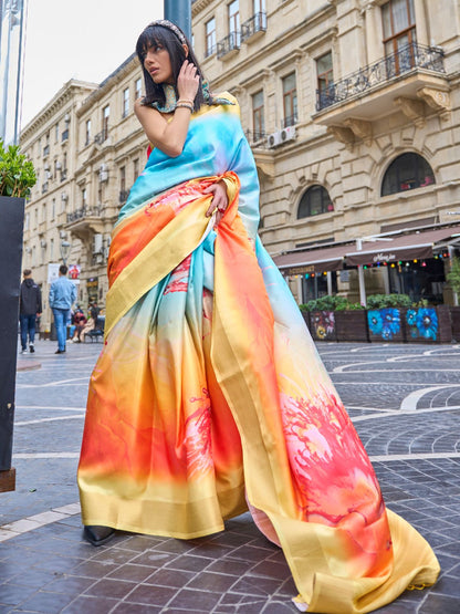Rajwada Multicolor Silk Blend Printed Saree With Unstitched Blouse For Women