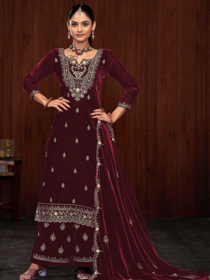 Rajwada Maroon Velvet Embroidered Semi-Stitched Kurta Set For Women