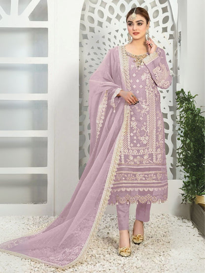 Rajwada Lavender Organza Embroidered Semi-Stitched Kurta Set For Women