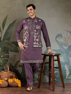 Rajwada Purple Viscose Silk Embroidered Stitched Kurta Set For Men