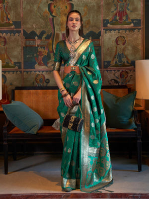 Rajwada Green Silk Blend Woven Saree With Unstitched Blouse for Women