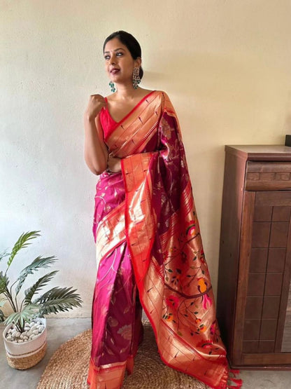 Rajwada Deep Wine Silk Blend Woven Saree For Women