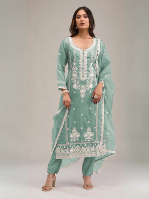Rajwada Sky Blue Cotton Blend Embroidered Semi-Stitched Kurta Set For Women