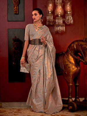 Rajwada Grey Silk Blend Woven Saree With Unstitched Blouse For Women