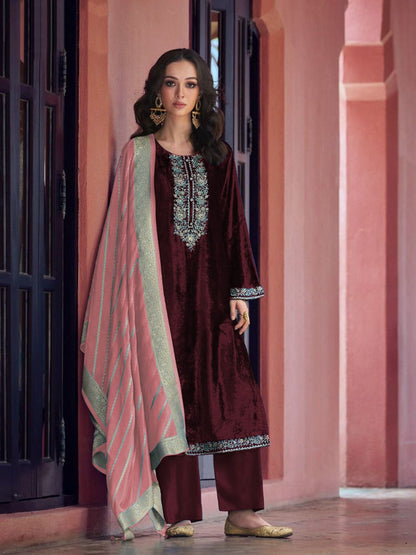Rajwada Maroon Velvet Embroidery Semi-Stitched Kurta Set For Women
