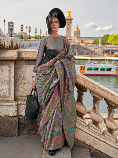 Rajwada Grey Organza Woven Saree With Unstitched Blouse For Women