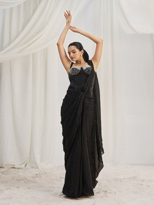 Rajwada Black Organza Solid Ready To Wear Saree With Stitched Blouse For Women
