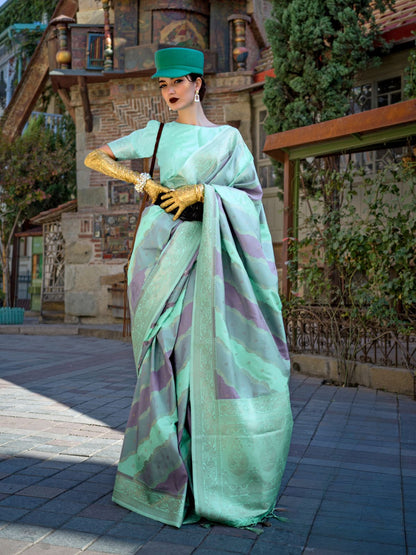 Rajwada Green Silk Blend Woven Saree With Unstitched Blouse For Women