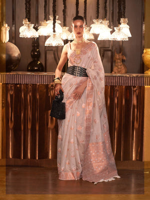 Rajwada Off White Linen Woven Saree With Unstitched Blouse For Women