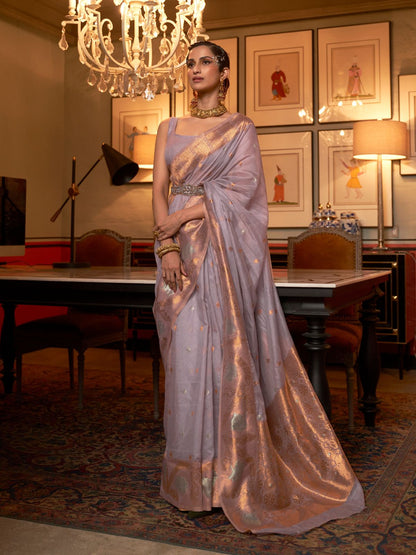 Rajwada Grey Silk Blend Woven Saree With Unstitched Blouse for Women