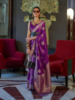 Rajwada Purple Silk Blend Woven Saree With Unstitched Blouse for Women