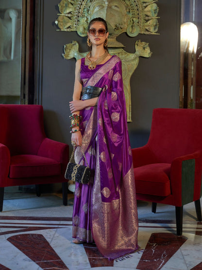 Rajwada Purple Silk Blend Woven Saree With Unstitched Blouse for Women