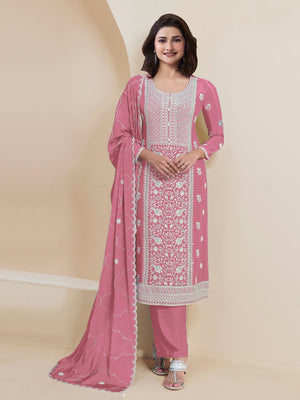 Rajwada Pink Georgette Embroidered Semi-Stitched Kurta Set For Women