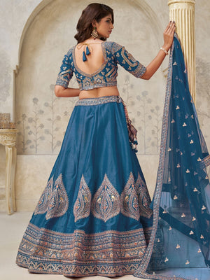 Rajwada Teal Blue Silk Blend Embroidered Semi-Stitched Lehenga For Women
