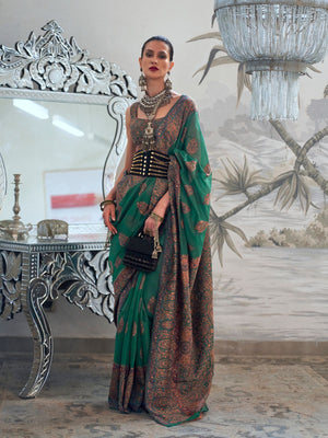 Rajwada Dark Green Silk Blend Woven Saree With Unstitched Blouse For  Women