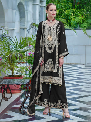 Rajwada Black Chinon Embroidered Semi-Stitched Kurta Set For Women