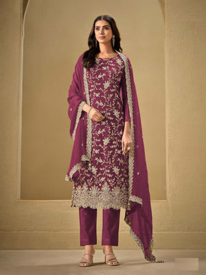 Rajwada Wine Chinon Embroidered Semi-Stitched Kurta Set For Women