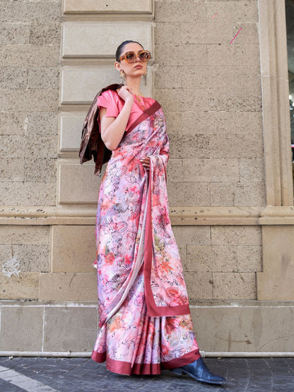 Rajwada Peach Satin Printed Saree With Unstitched Blouse For Women