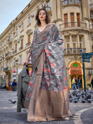 Rajwada Grey Poly Brasso Woven Saree With Unstitched Blouse For Women