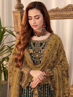 Rajwada Teal Green Georgette Embroidered Semi-Stitched Kurta Set For Women