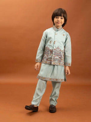 Rajwada Sky Blue Viscose Silk Embroidered Stitched Kurta Set For Kids