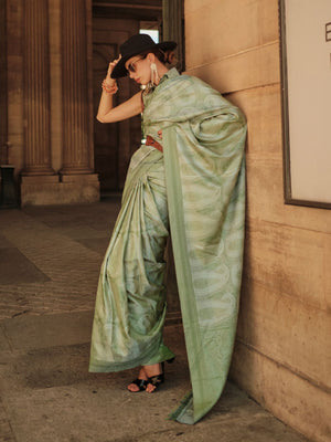 Rajwada Green Silk Blend Woven Saree With Unstitched Blouse For Women