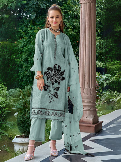 Rajwada Blue Organza Embroidered Semi-Stitched Kurta Set For Women