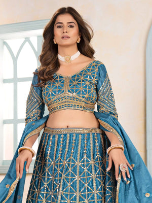 Rajwada Sky Blue Chinon Sequence Embroidered Semi-Stitched Lehenga For Women