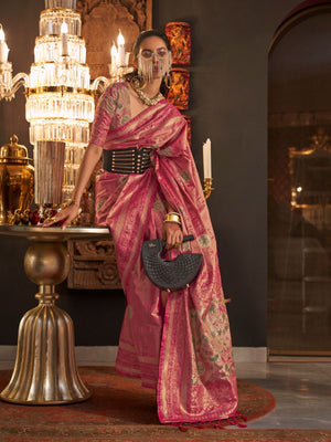 Rajwada Pink Silk Blend Woven Saree With Unstitched Blouse For  Women