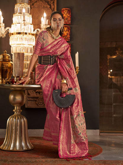Rajwada Pink Silk Blend Woven Saree With Unstitched Blouse For  Women