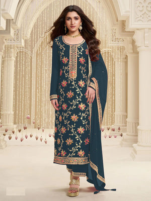 Rajwada Teal Viscose Embroidered Semi-Stitched Kurta Set For Women