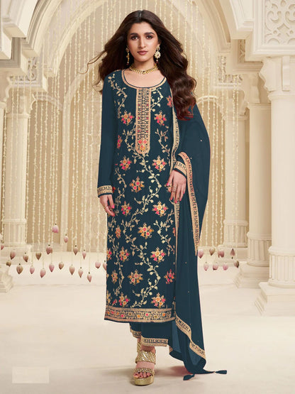 Rajwada Teal Viscose Embroidered Semi-Stitched Kurta Set For Women