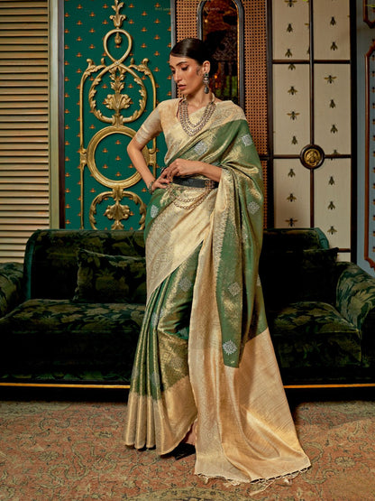 Rajwada Green Silk Blend Woven Saree With Unstitched Blouse for Women
