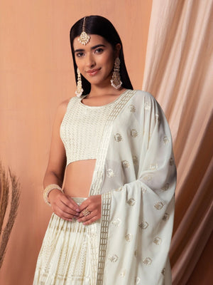 Rajwada White Georgette Embellished Semi-Stitched Lehenga For Women