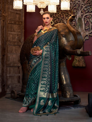 Rajwada Dark Green Satin Woven Saree With Unstitched Blouse For Women