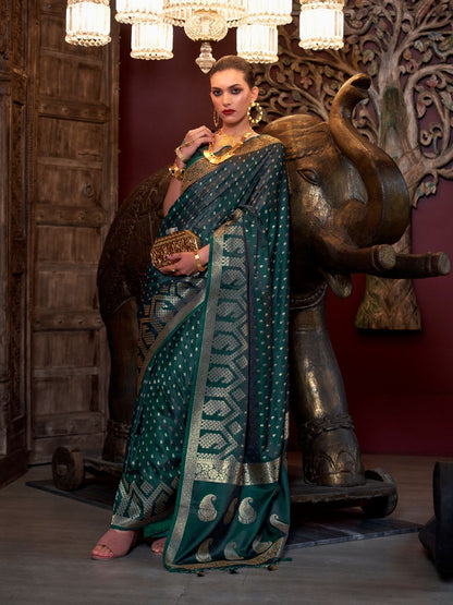 Rajwada Dark Green Satin Woven Saree With Unstitched Blouse For Women