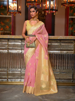Rajwada Pink  Linen Woven Saree With Unstitched Blouse for Women