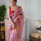 Rajwada Peach Organza Printed Saree With Unstitched Blouse For Women