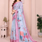 Rajwada Sky Blue Cotton Linen Printed Saree For Women